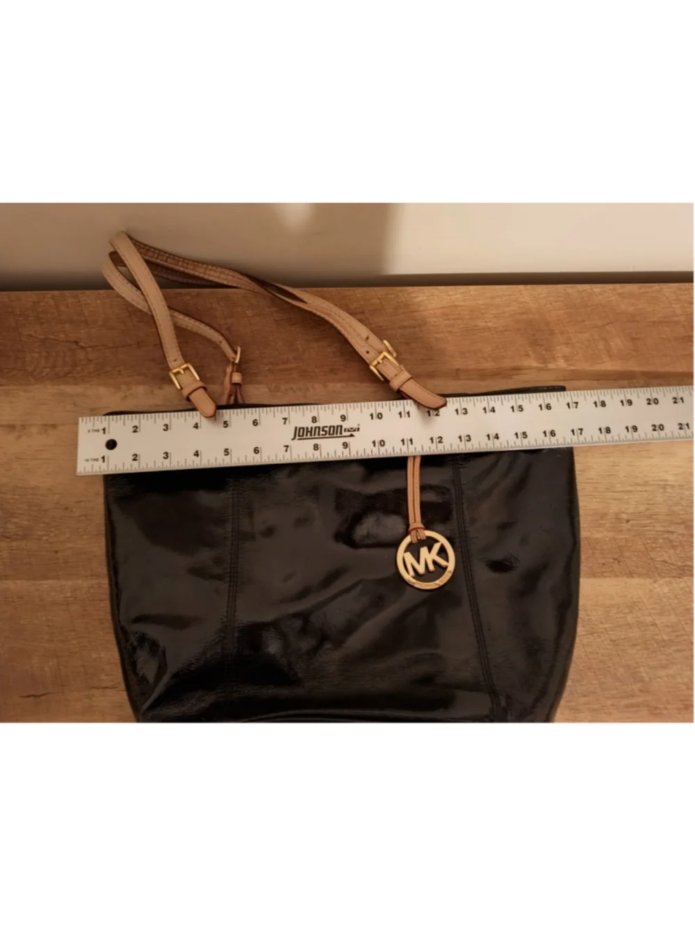 MICHAEL KORS Black MK Logo Monogrammed Patent Leather Tote Purse Handbag Medium